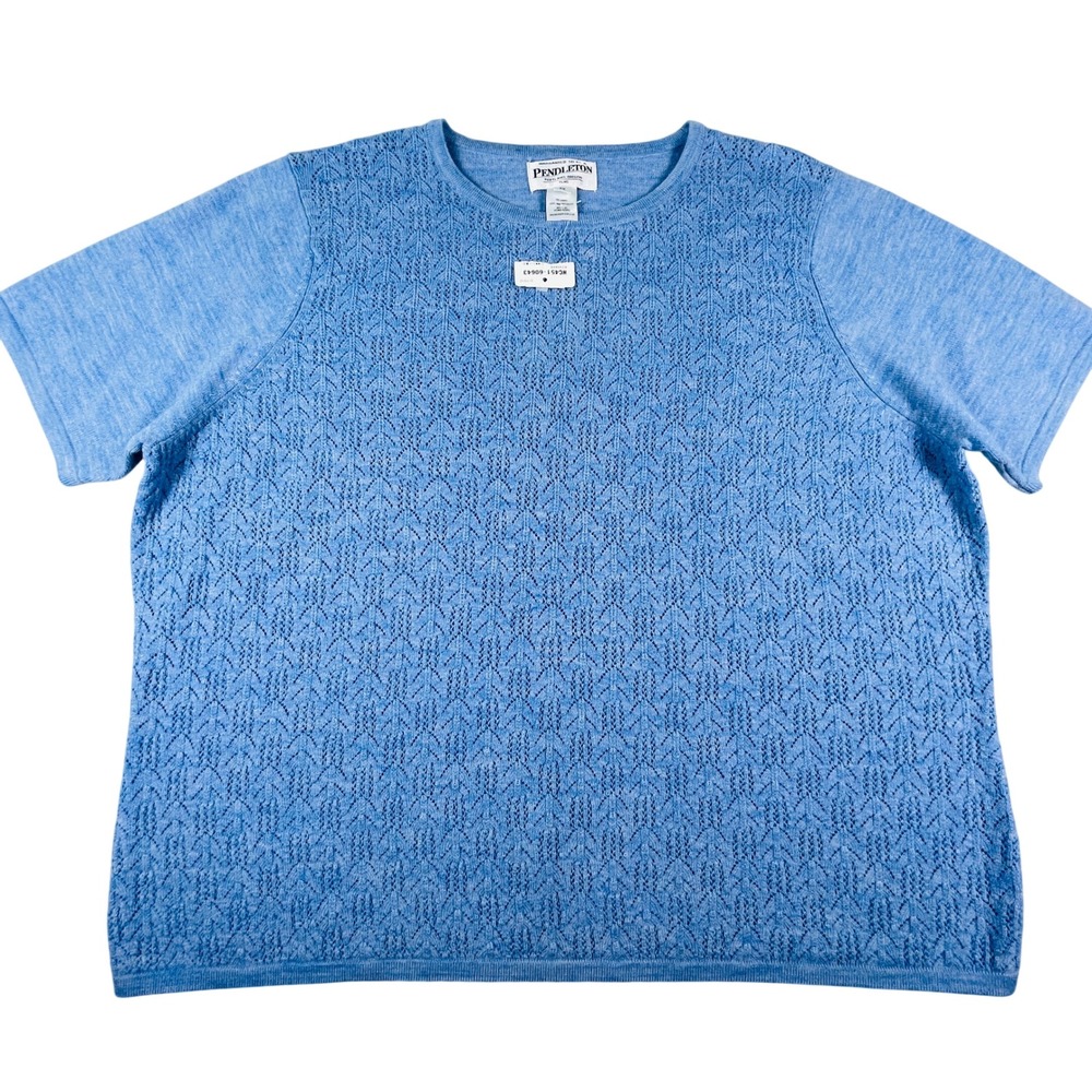 Pendleton Sweater Women 2X Blue Merino Wool Pointelle Chevron Short Sleeve Top
